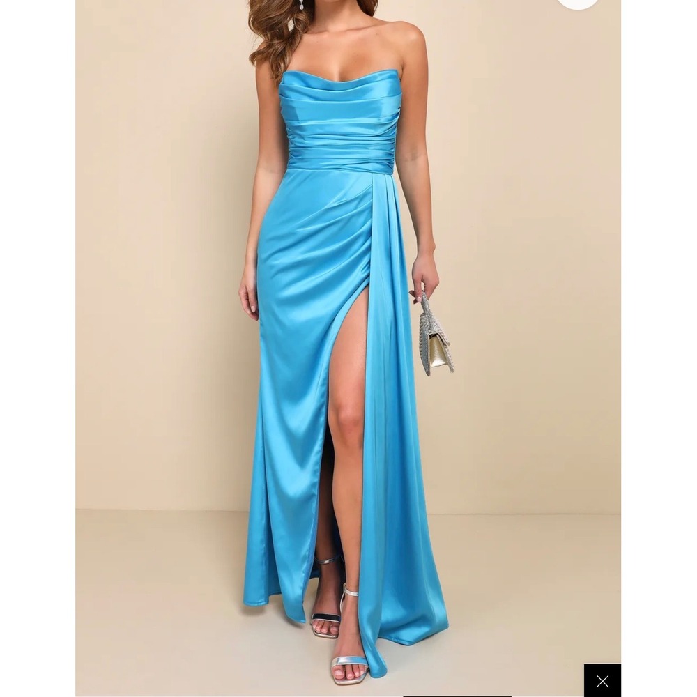 Lulus Blue Satin Strapless Pleated Ruched Maxi Dress High Slit Gown NWT